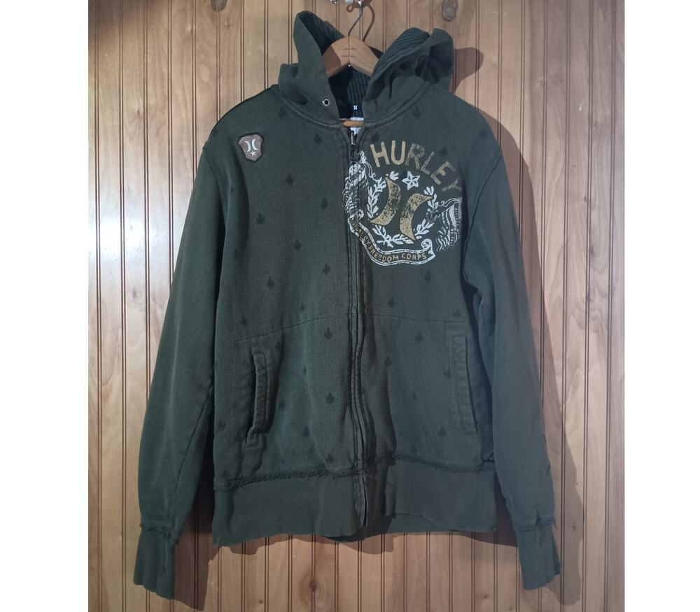 Vtg HURLEY Y2K Size L Distressed Full Zip Hoodie Grunge Skate Thumb Holes